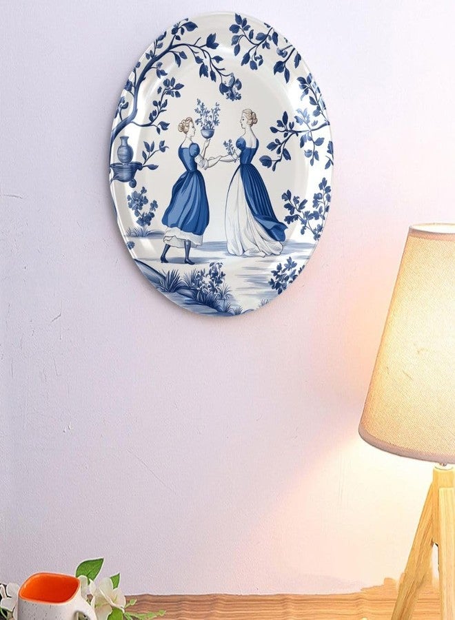 WOODHANG Blue and White Pastoral Ladies Ceramic Decorative Wall Plate|Vintage Style Scenic Home Décor Item|Perfect Wall Decorative Items for Living Room, Bedroom|10 Inch Decorative Wall Plates - Image 4